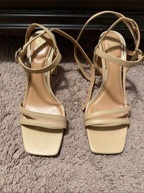 Vince Camuto Beige Square-Toe Strappy Ankle Heels